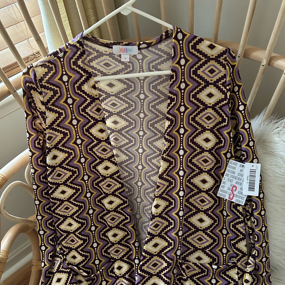 LuLaRoe Purple and Cream Geometric Open Cardigan with Yellow Accents